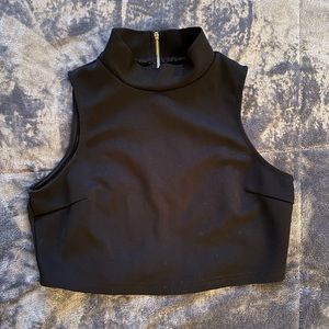 Turtleneck black crop top with zipper in back.